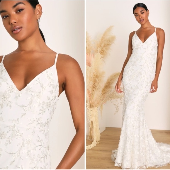 LULUS Bridal Wedding Elegant Sophisticated STUNNING Beaded Mermaid Gown - Picture 1 of 6